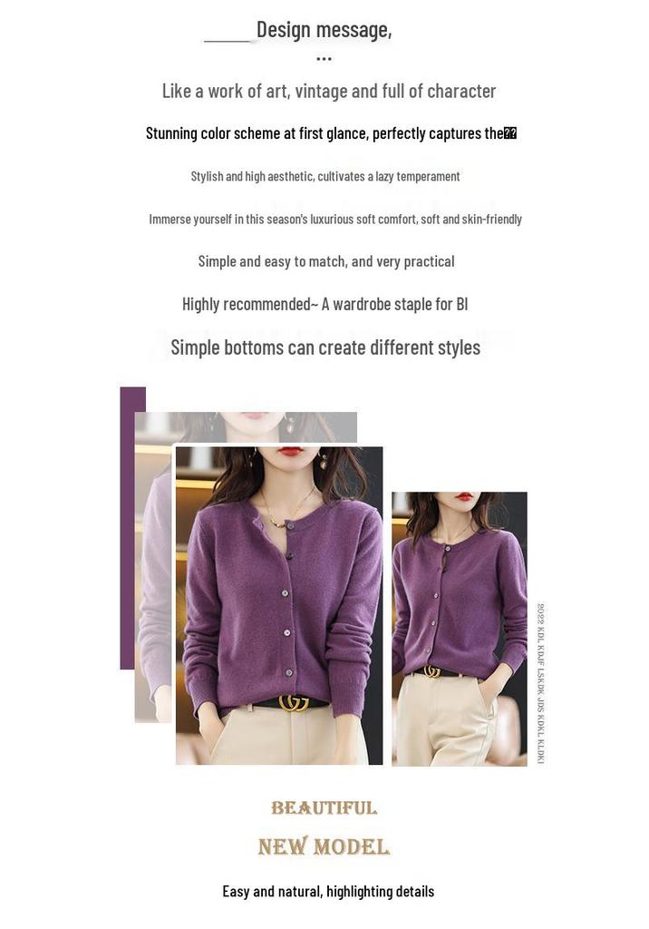 Women's Korean Style Cashmere Cardigan - Round Neck, Long Sleeve, Loose Fit, 100% Wool Knit Top for Spring/Autumn
