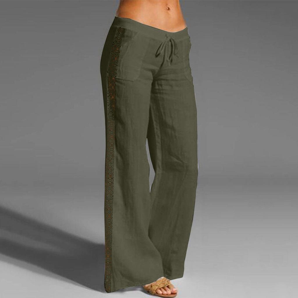 Women's Color High Waist Drawstring Pants Lace Stitching Cotton Linen Pocket Wide Leg Pants Casual Pants