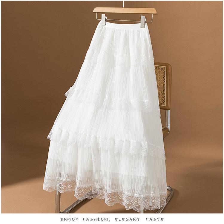 2025 Summer Women's Gentle Style Lace Trim Elastic Waist A-Line Midi Skirt