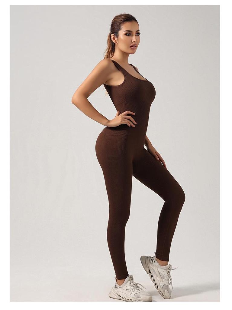 Seamless Ribbed Fitness Jumpsuit with Chest Pad