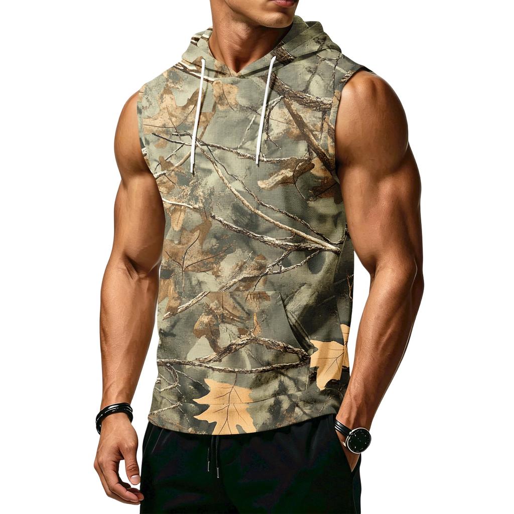 Men's Print Sleeveless Hoodie with Pockets and Drawstring - Casual Tank Top Vest for Outdoor Sports
