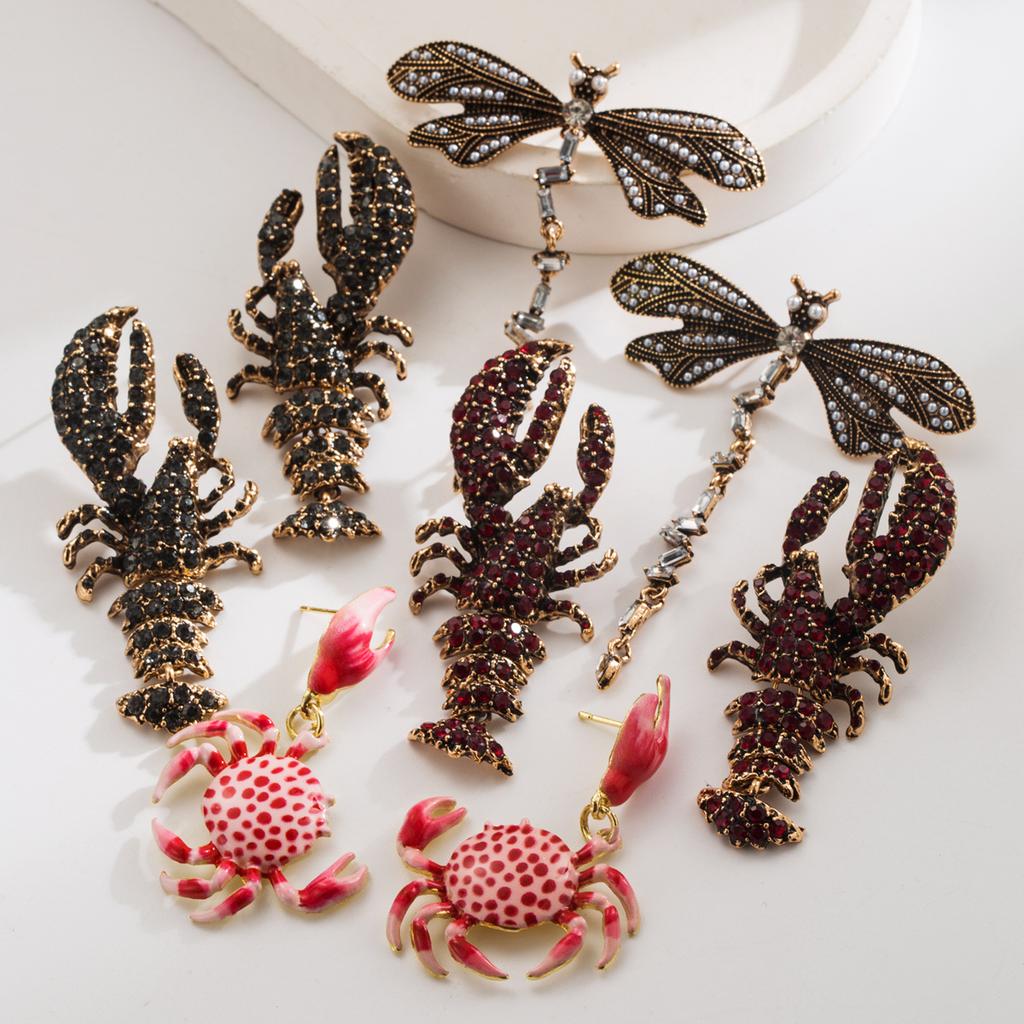 Ear Jewelry Ocean Series Earrings for Women Fashionable Diamond-Studded Lobster Dragonfly Crab Versatile S925 Silver Needle Ear Jewelry
