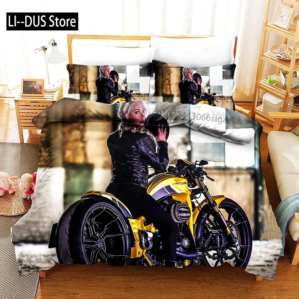 Sexy Girl Motocross Duvet Cover Extreme Sports Theme Bedding Set for Boys Teens Man Microfiber 3D Beauty Queen King Quilt Cover