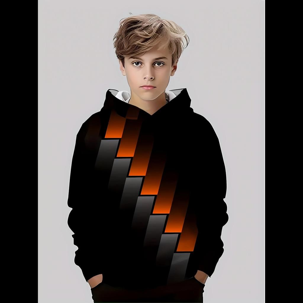 The 2025 Autumn New Children's Casual Hoodie with 3D Color-blocking Line Printing and Fashionable Outdoor Hoodie
