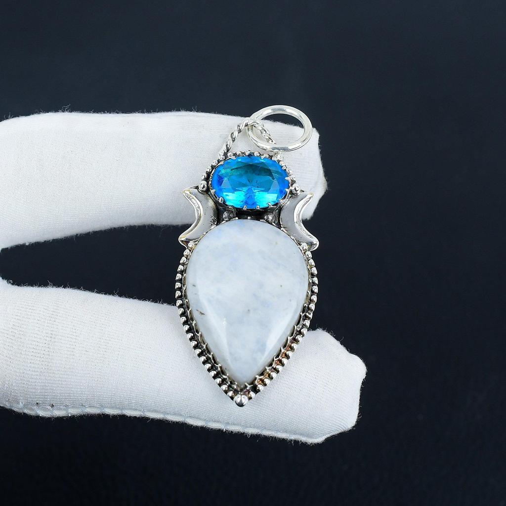 Natürlicher Regenbogen-Mondstein, Blautopas Edelstein Silberanhänger in 925 Sterlingsilber - Handgefertigtes Design, Alltagsschmuck Geburtstagsgeschenk für Ehefrau