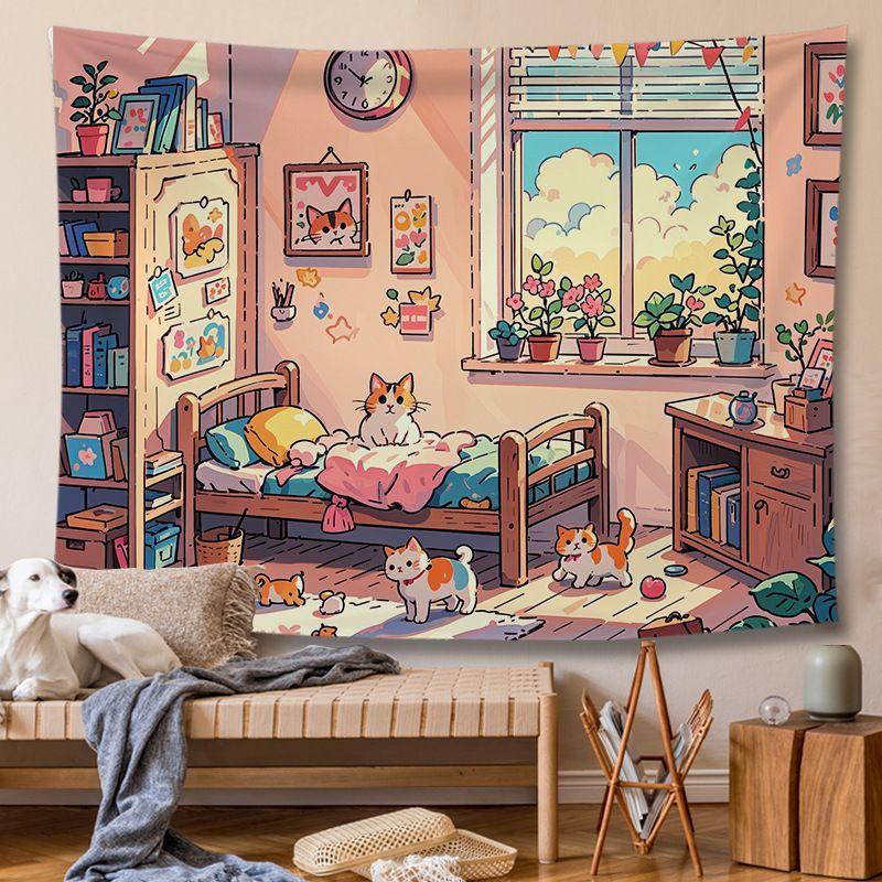 VIKAMA Warm Tone Japanese Cat Tapestry Sunshine Bedroom Cute Pet Background Cloth ins Dormitory Decoration Tapestry Room Decor