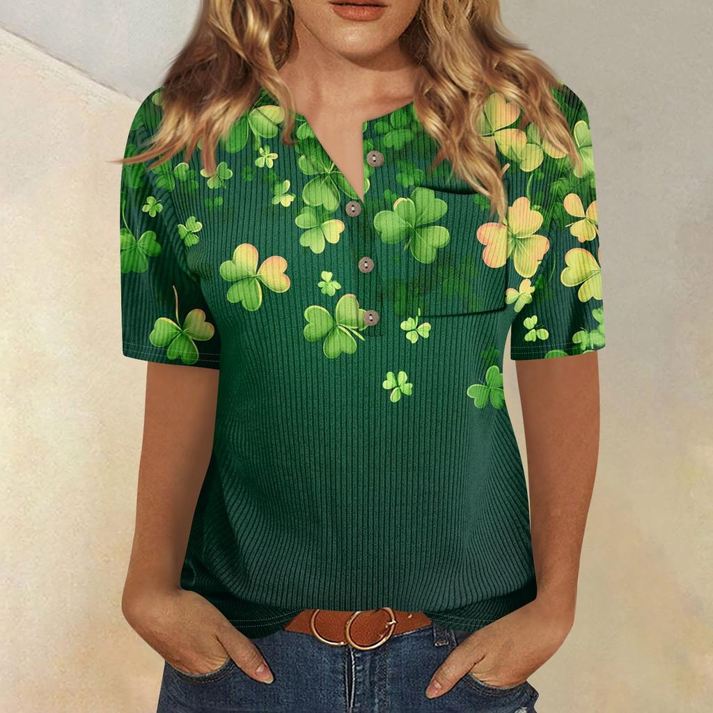 T-Shirts für Damen, plissiert, V-Ausschnitt, elegant, lässig, Blusen, bedruckt, kurzärmelig, Sommeroberteile, lockere Passform