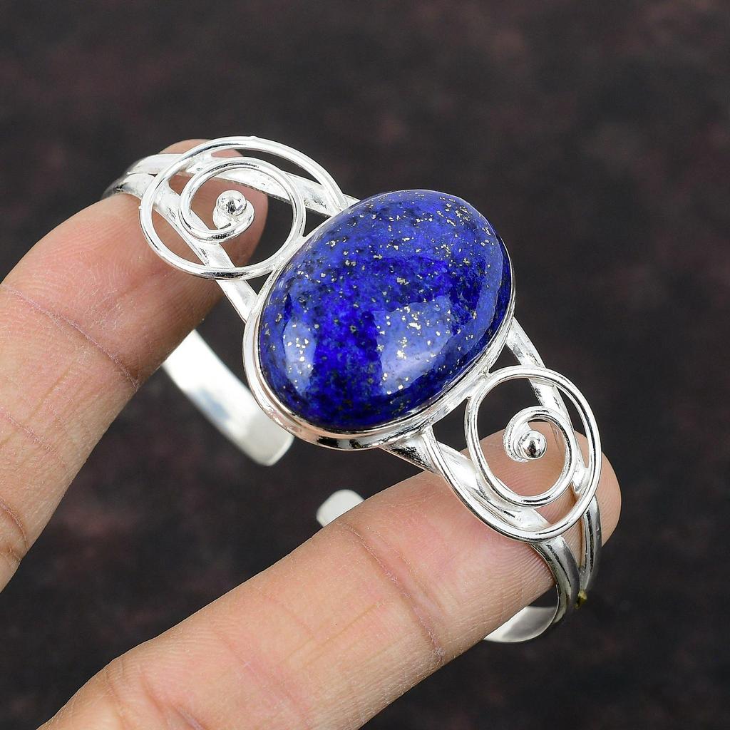 Lapis Lazuli Gemstone Bangle 925 Sterling Silver Cuff Bracelet Handmade Designer Jewelry Adjustable Bangle Special Occasion Gift For Mom