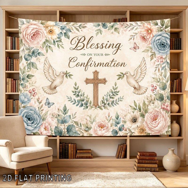 2D Flat, 1pc 1pcs Confirmation Blessing Tapestry Suitable for Religious Ceremonies, Pastel Floral Dove & Cross Wall Hanging, Horizontal Fabric for Chu