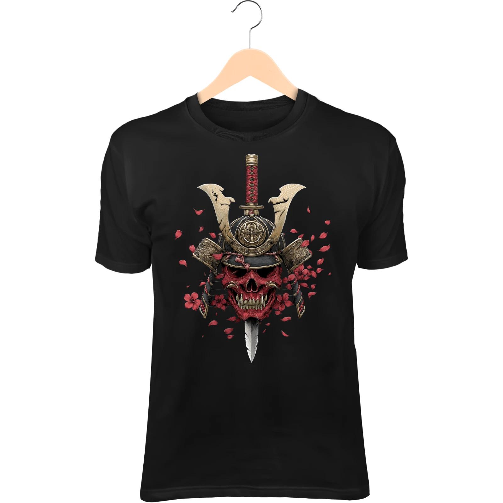 Skull Samurai T-Shirt – Cracked Red Mask, Raised Katana, Warrior Spirit 4XL