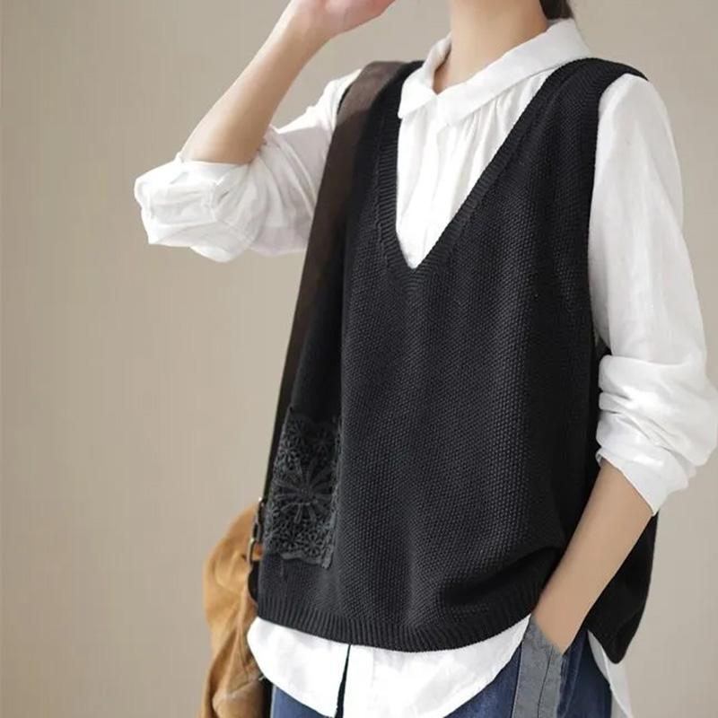 

Жилет женский хлопковый осенне-зимний топы вязаный свитер жилет оверсайз кардиган жилет повседневный с V-образным вырезом S чёрный