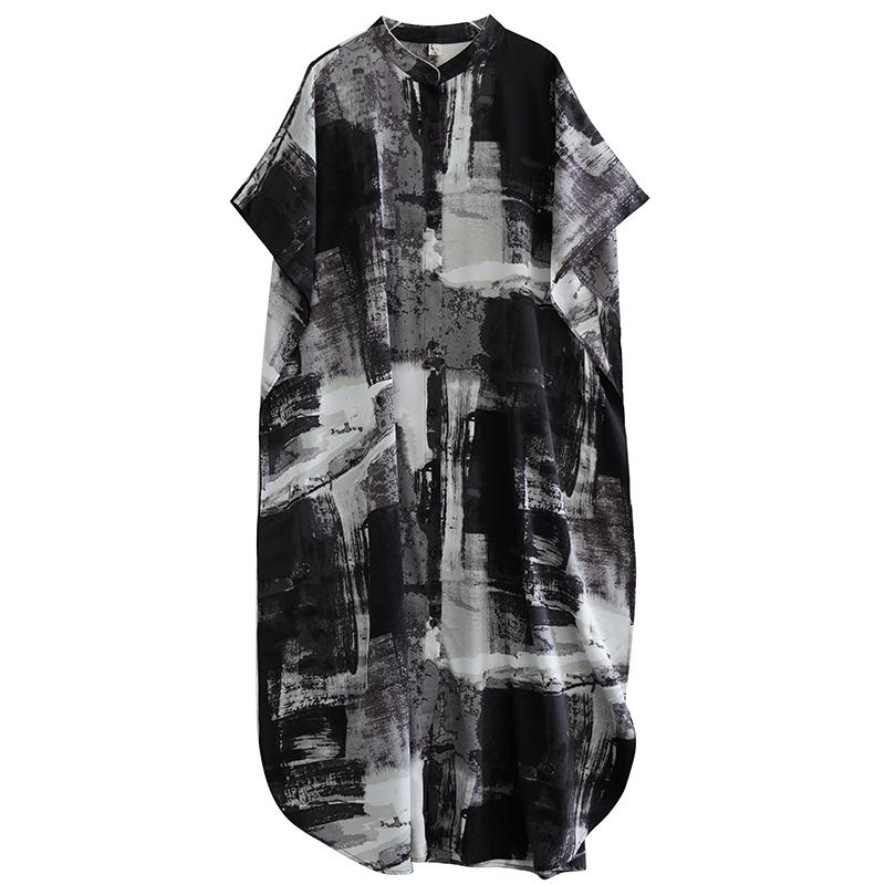 DIMANAF 2025 Damen Übergröße Sommer Locker Hemdkleid Lässiges Druckkleid Basic Vintage Knopf Kurzarm Maxi