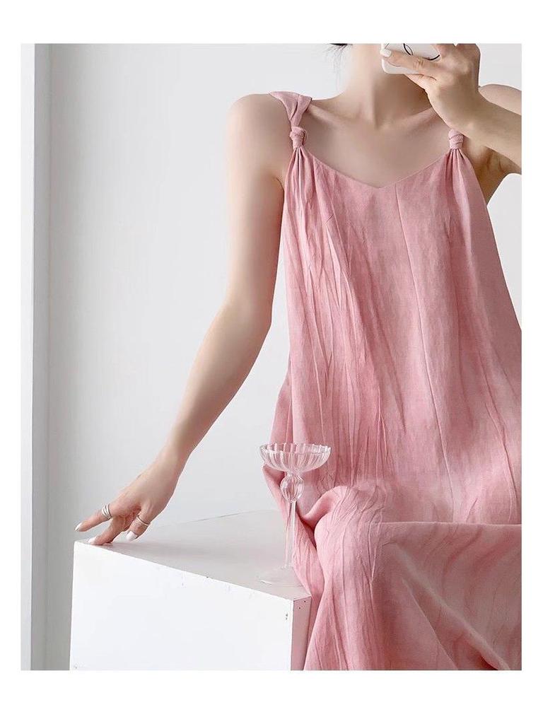 Women's French Retro Off-Shoulder Pink Tie-Dye Camisole Dress for Summer Vacations