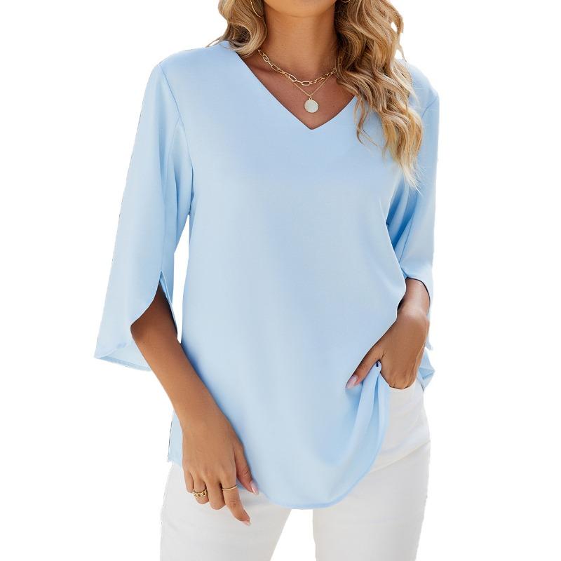 Spring Summer Solid Color V-neck Medium Sleeve Loose Chiffon Women's Top