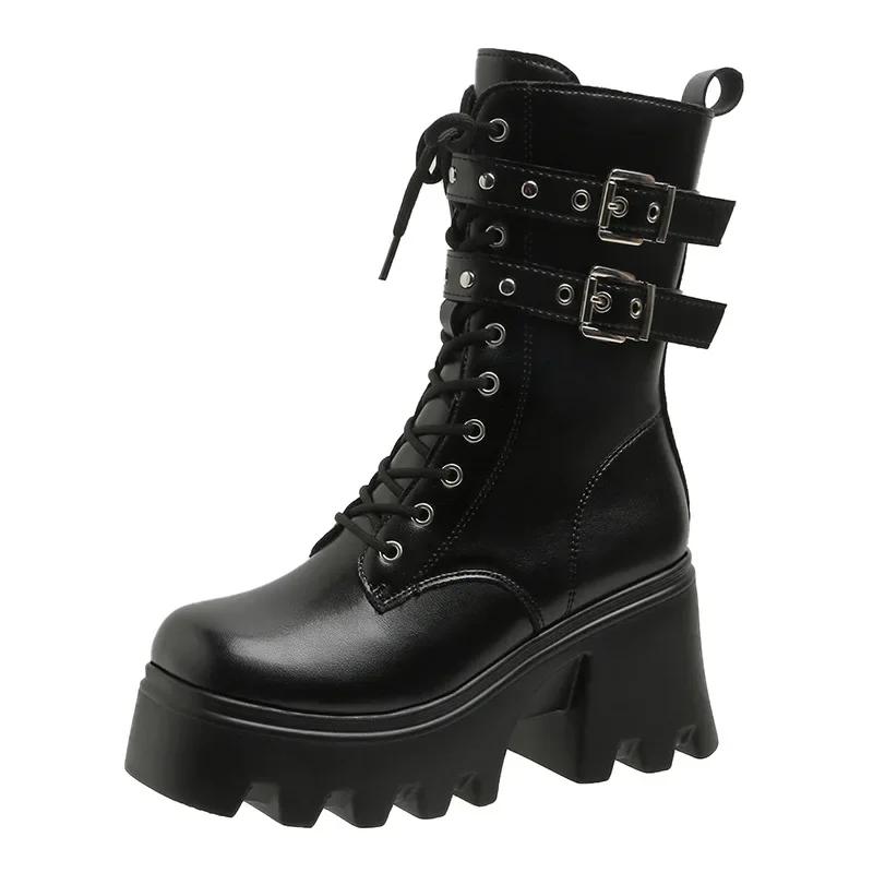 Fashion Trend Punk Women's Boots Buckle Platform Boots Mid-calf Gothic Boots for Women Autumn Ladies Motorcycle Boot Pu Leather Shoes