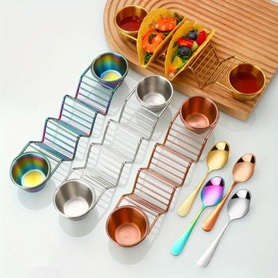 Mexikanischer Pfannkuchenständer aus Edelstahl, Suppendip-Schale, TacoHolderStand, Doppelbecher-Lebensmittelständer