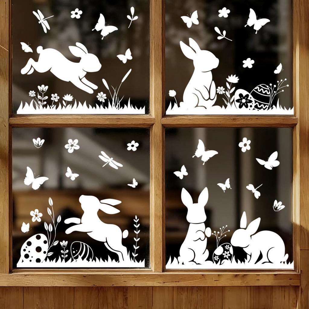 White Jumping Bunny Easter Window Clings Static Cling for Home Party Scene Decoration Removable Reusable