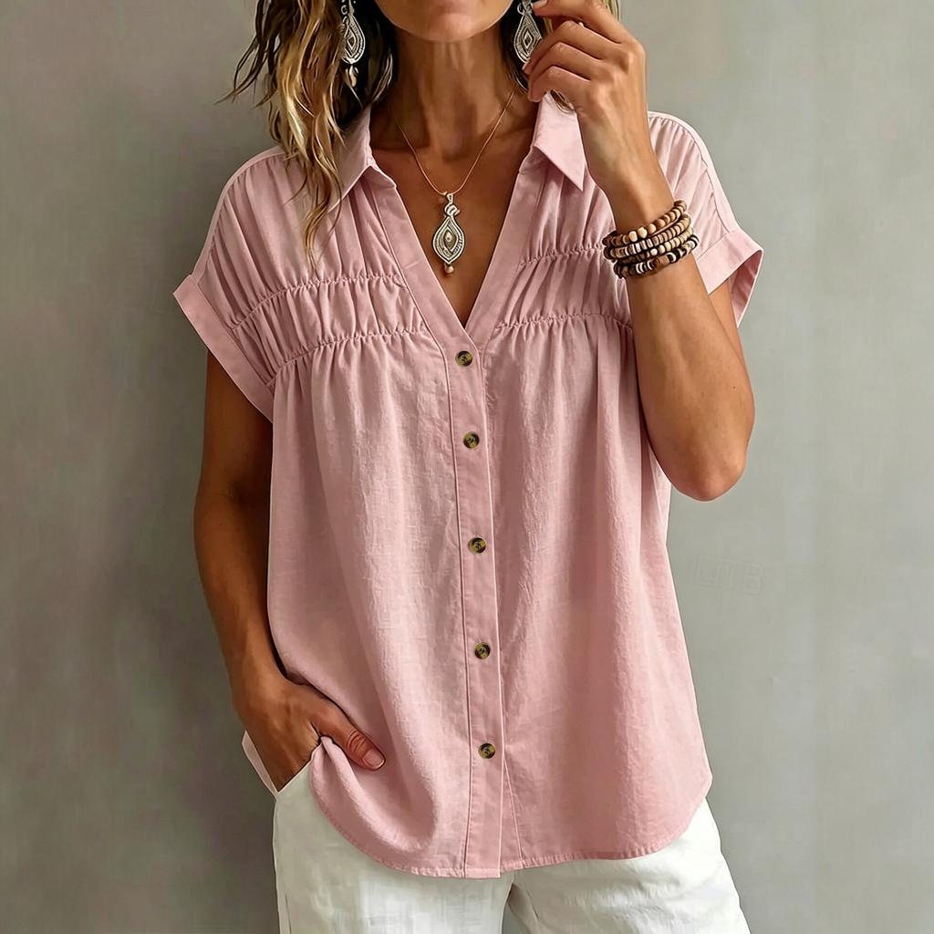 V Neck Loose Solid Button Pleated Short Sleeve Women Casual Blouse