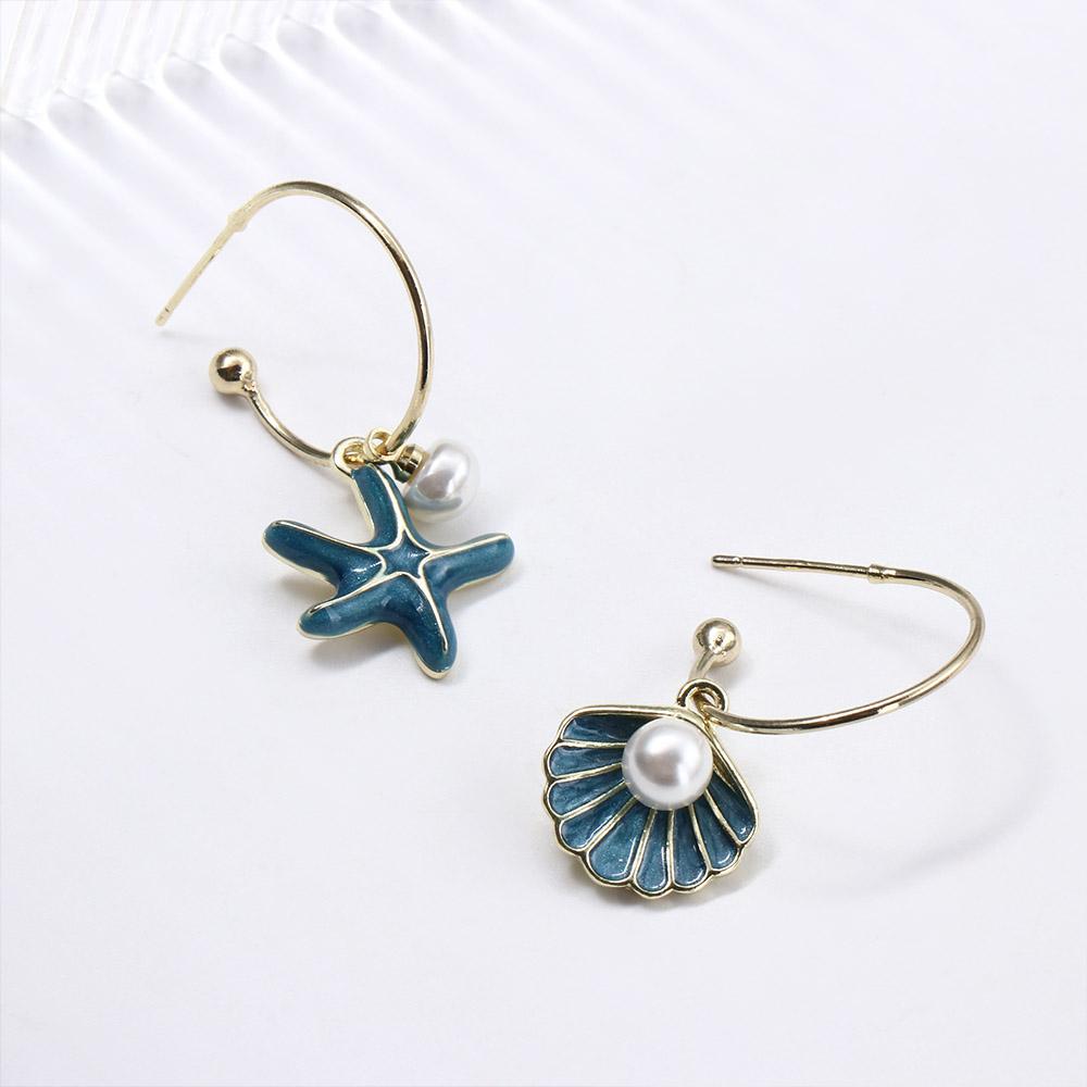 Blue Pearl Earrings Starfish Women Jewelry C-shape Eardrops Beach Party