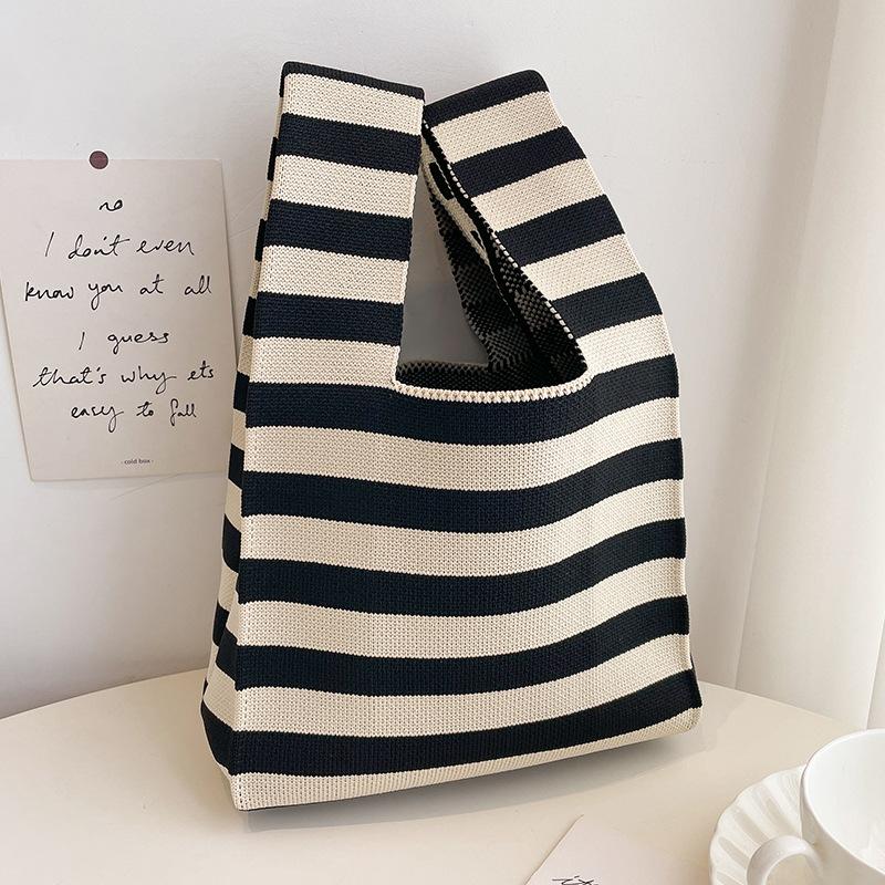 Japanese Thin Stripe Plaid Tote Bag Women Casual Color Handmade Knit Handbag Student Reusable Shopping Bag Keys Purse Handle Bag