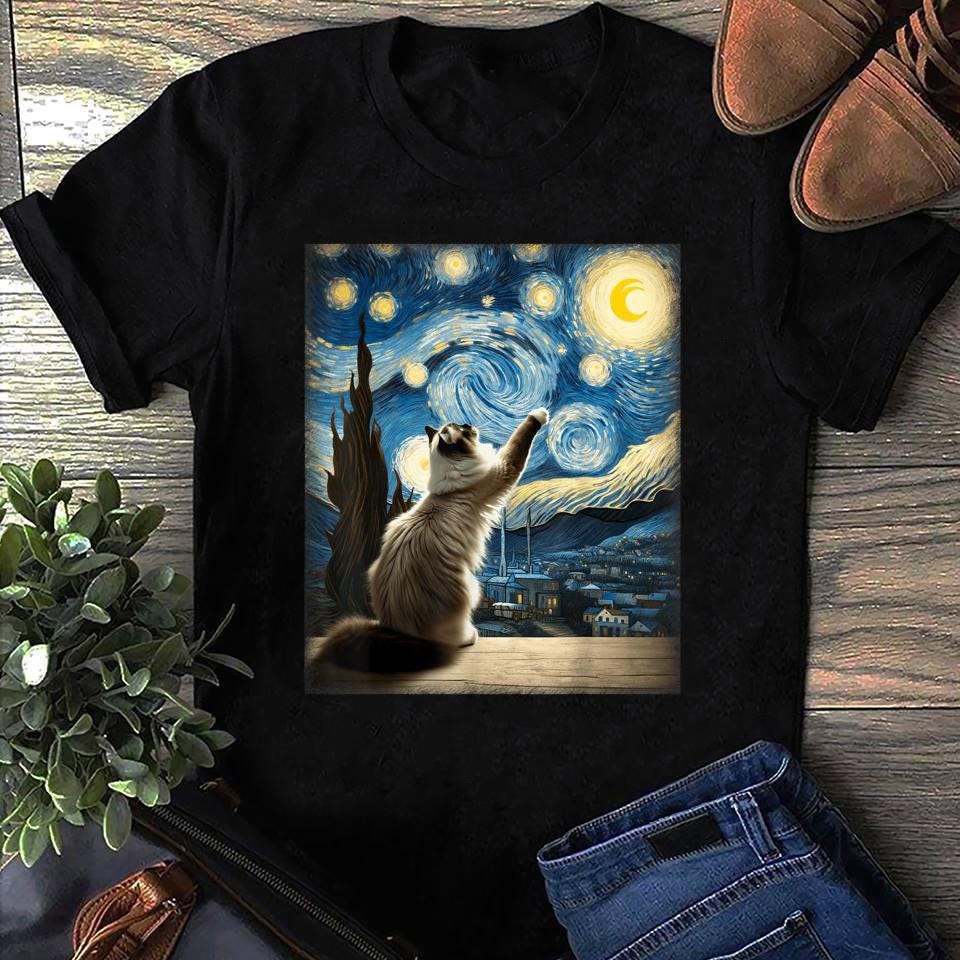Van Gogh Starry Night Cat T-Shirt: Artistic Ragdoll Cat Tee