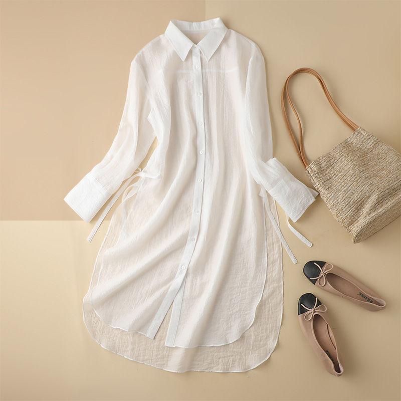 Women's Long Sleeved Sunscreen Shirt Loose Casual Mid Length Cardigan Shirt Thin