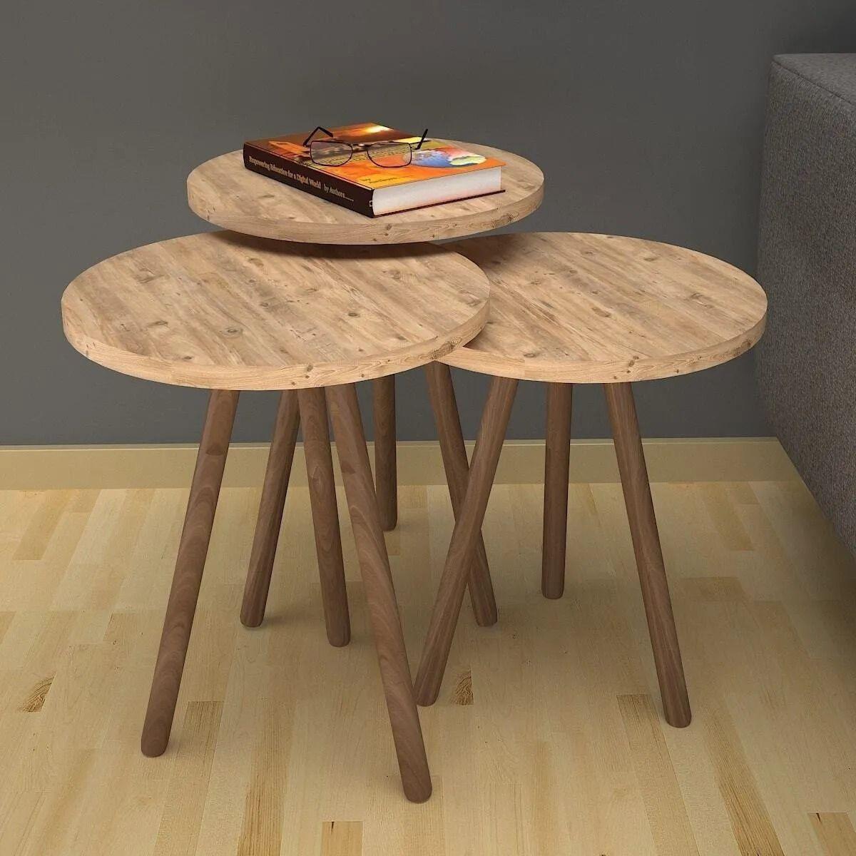 

3 деревянных сосновых журнальных столика, круглый журнальный столик для гостиной, домашнего офиса, мебельный аксессуар