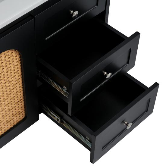 Bathroom Sink Cabinet with 3 Drawers Modern Black Rattan Element Heavy Duty Lavatory Wall Mount Ceramic Wash Basin Vanity Cabinet