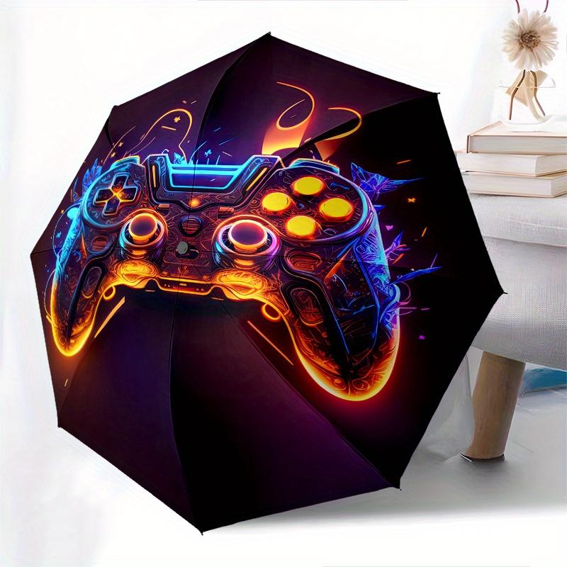 Neon Lights, Gaming Controller Theme Automatic Open/Close Fashion umbrella, Portable 3 Fold Compact Umbrella for Men & Women