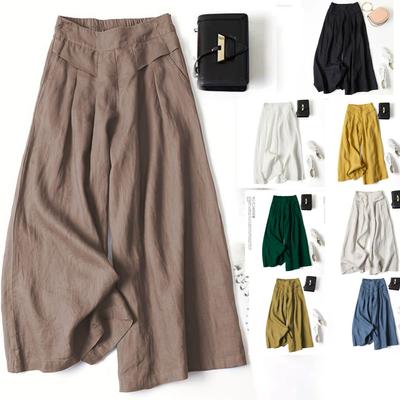 Women's Solid Color Linen Cotton Skirt Pants Loose Lengthened Wide-leg Pants Casual Pants Elastic Waist Trousers Women's Bottoms