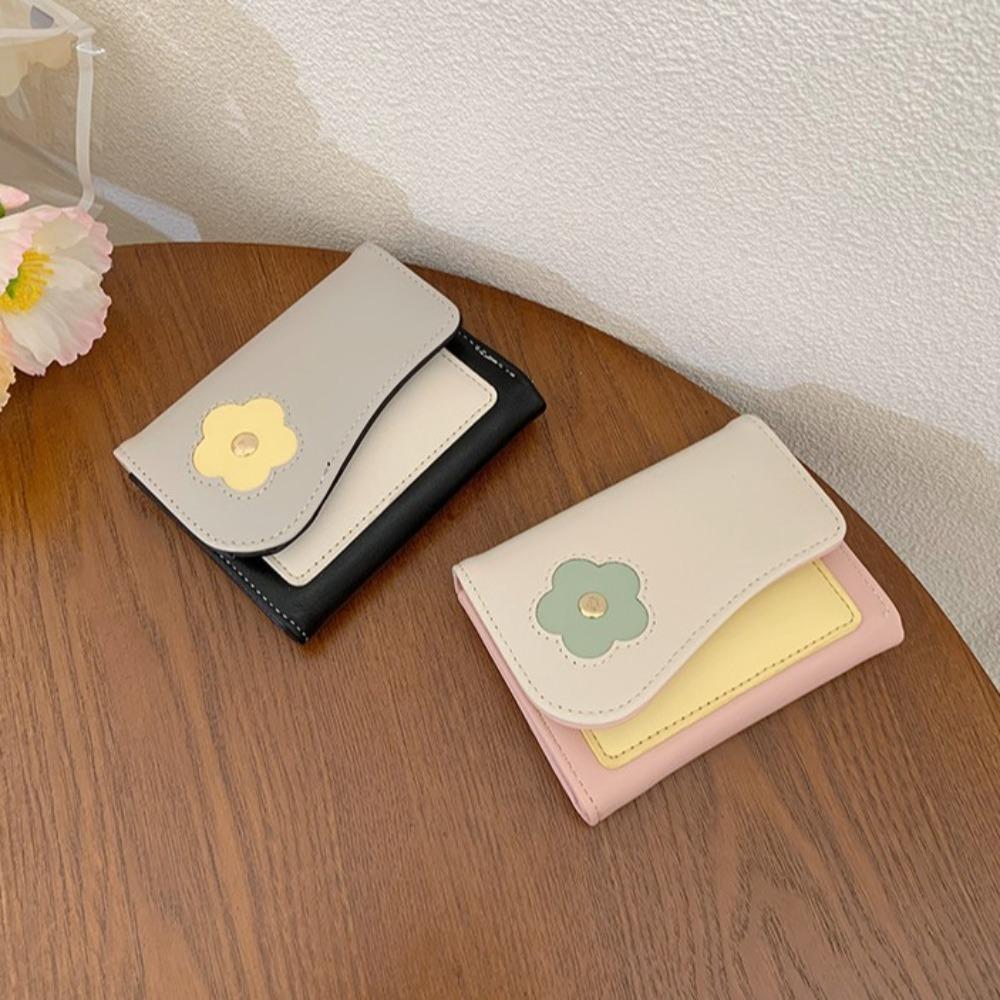Flower Short Folding Card Bag PU Trifold Wallet Cute Color-matching Purse Travel