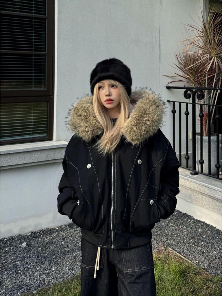 Women's Winter Guochao Zuo Furry Hooded Parka - Super Thick, Water-Washed, Loose Fit Cotton Coat