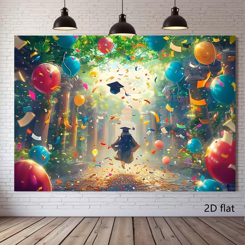 2D Graduation Cap Backdrop, Party with Balloons & Confetti Background