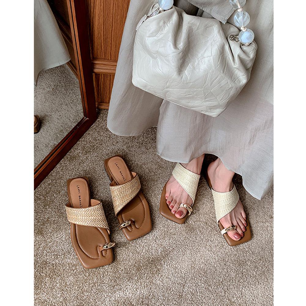 Sheepskin French Holiday Style Straw Weaving Beautiful with Skirt Bohemian Clip Toes Soft Bottom Cool Slippers Women's Summer Wear