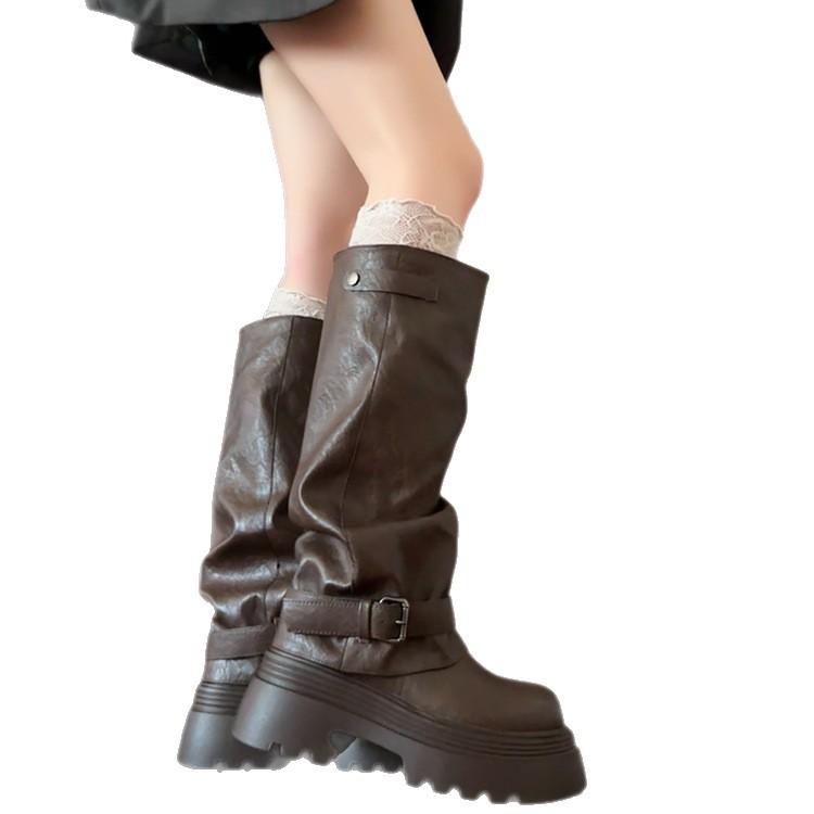 Retro British Style Thick Heel Platform Boots Women's 2025 Autumn and Winter New Simple and Versatile Height-increasing Fashion Knight Boots