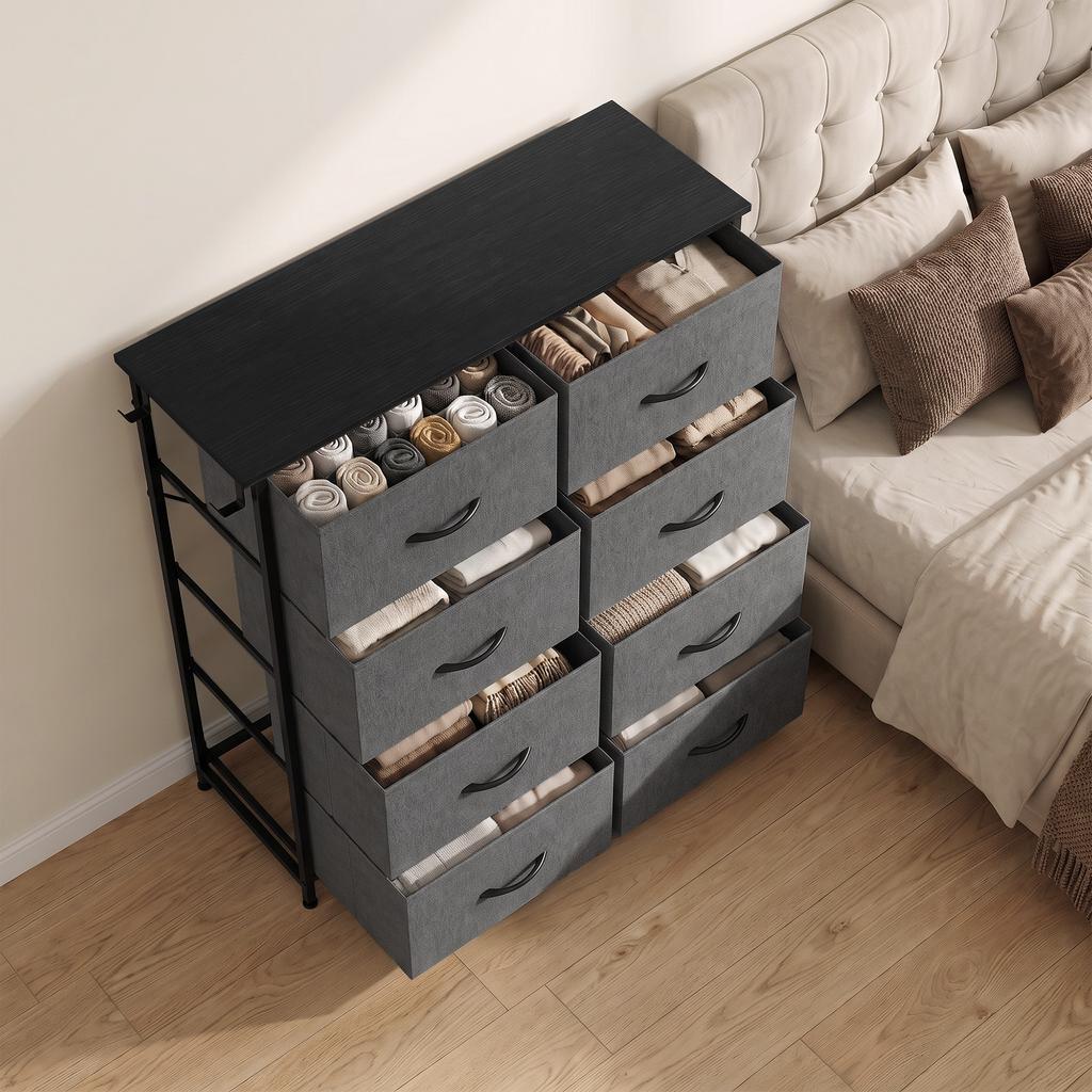 Chest of Drawers, Dresser for Bedroom with 8 Fabric Drawers, Tall Storage Unit w/ Side Storage Bag, Grey