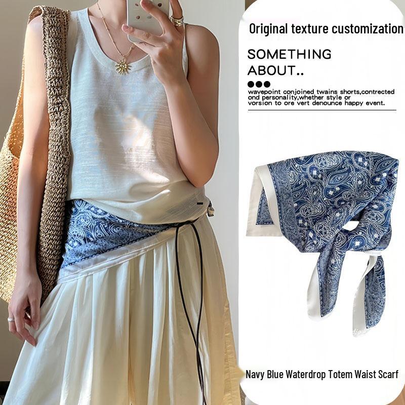 Black Paisley Print Tie Waist Scarf - Elegant Hip Square Belt with Niche Feel and Simple Charm.