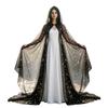 Schwarzer durchsichtiger Netz-Hexenmantel mit Kapuze für Damen mit goldenem Sternen-Mond-Muster für Halloween-Party-Kostüm-Styling-Kleidung