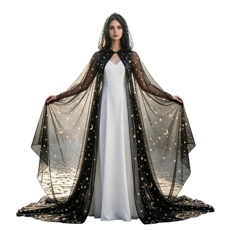 Schwarzer durchsichtiger Netz-Hexenmantel mit Kapuze für Damen mit goldenem Sternen-Mond-Muster für Halloween-Party-Kostüm-Styling-Kleidung