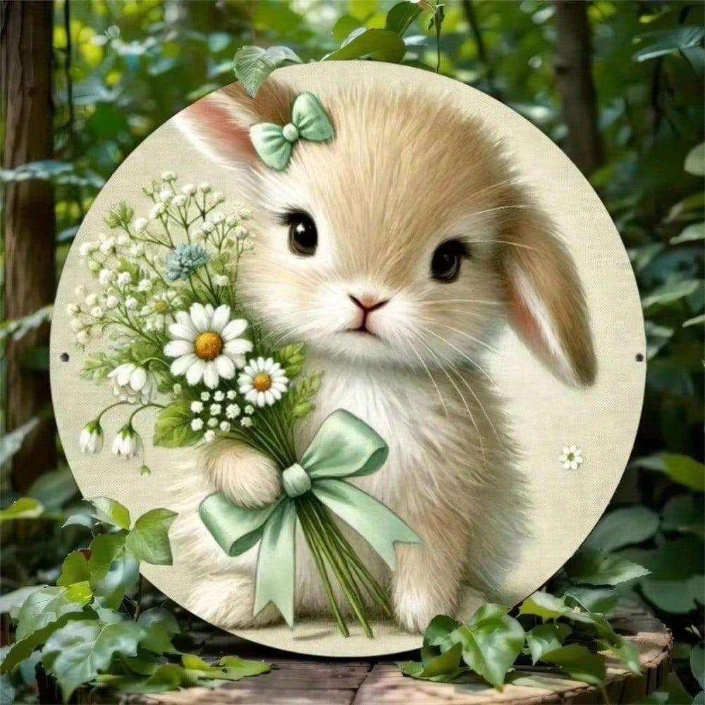 Metal Poster Wall Art Cute Rabbit Chrysanthemum Waterproof Rustproof Bedroom Decor