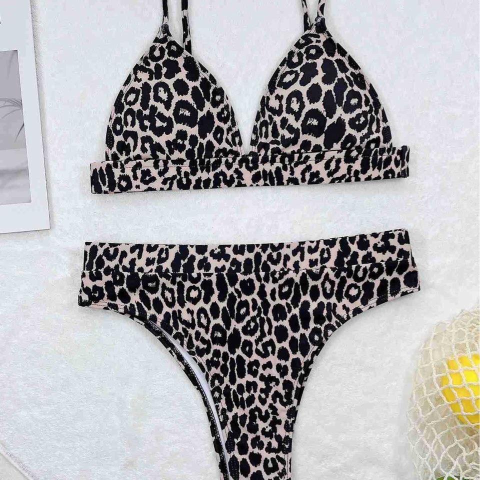European and American Sexy Leopard Print Bikini Swimsuit Women's Print Backless Tight Split Swimsuit