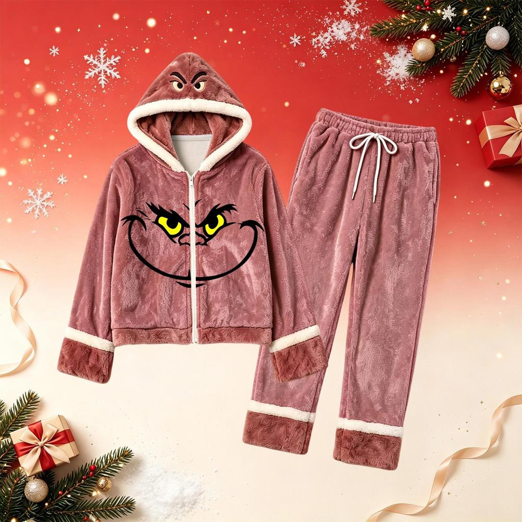 Women's Casual Loose Fit Winter Holiday Print Lined Hooded Pajama Set with Pants
