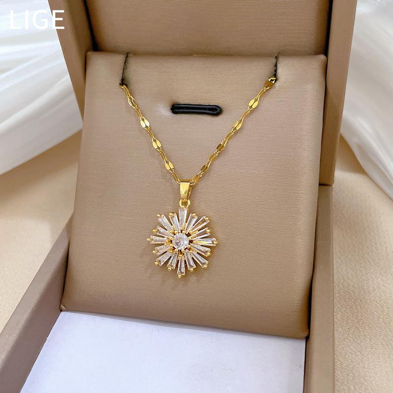 Stylish Women's 18K Gold-Plated Stainless Steel Set Trendy Luxury Fashion Zircon Sunflower Necklace Earrings Bracelet Main Party