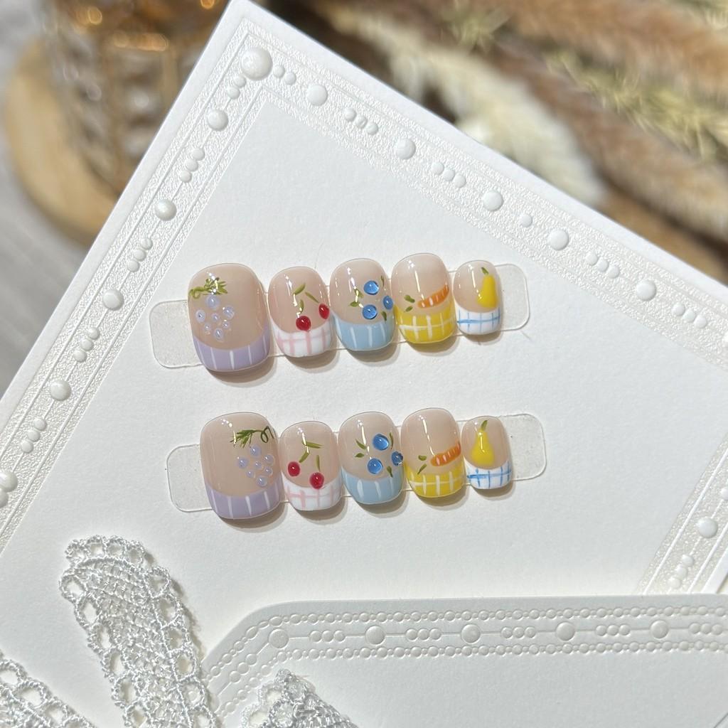 Handmade Press On Nail Cute Sweet Summer Colorful Hand-painted 3D Fruits Short Square Round Fake Nail Patch Artificial Nail Reusable