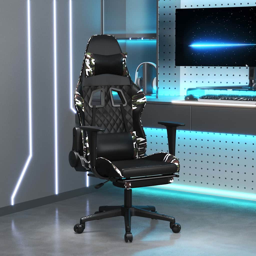 Gaming Chair with Massage and Footrest Black and Camouflage Artificial Leather