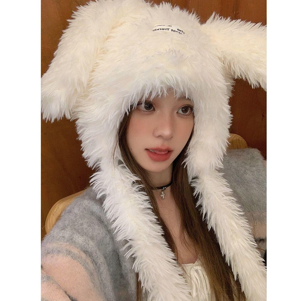 Long Rabbit Ears Women's Plush Caps Cute Winter Beanies Hats Sweet Fuzzy Bunny Hat  Ski