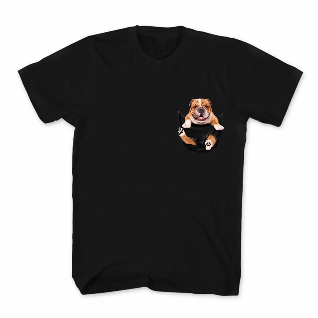 Bull Dog In Pocket Printed Funny Dog Lovers Gift TShirt 100 Cotton ONeck Summer Short Sleeve Casual Mens Tshirt Size S3XL