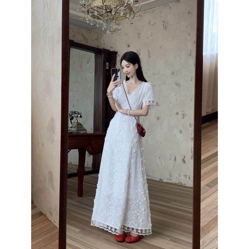 Kumikumi French Style Embroidered Lace Three-Dimensional Flower Short Sleeve Dress Women Summer Temperament Slim Fit Slimming Long Dress