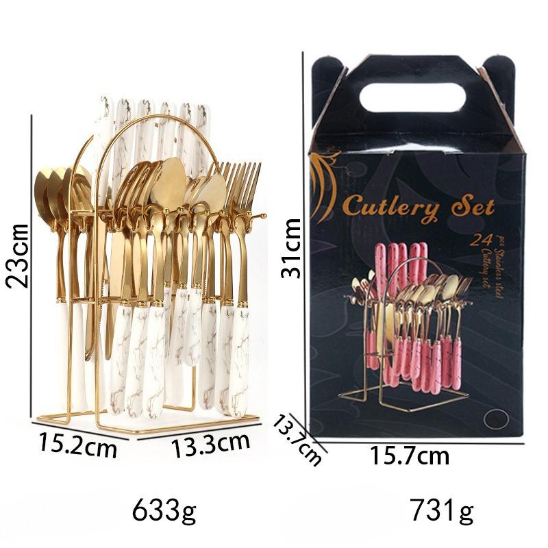 Stainless steel knife, fork, spoon, Nordic 24 piece cutlery set, marble pattern, dessert spoon, steak knife and fork gift box set