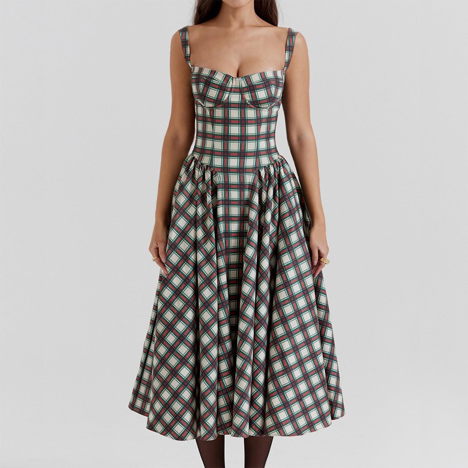 

Женское модное ретро платье на молнии в клетку с подтяжками и принтом XL красный